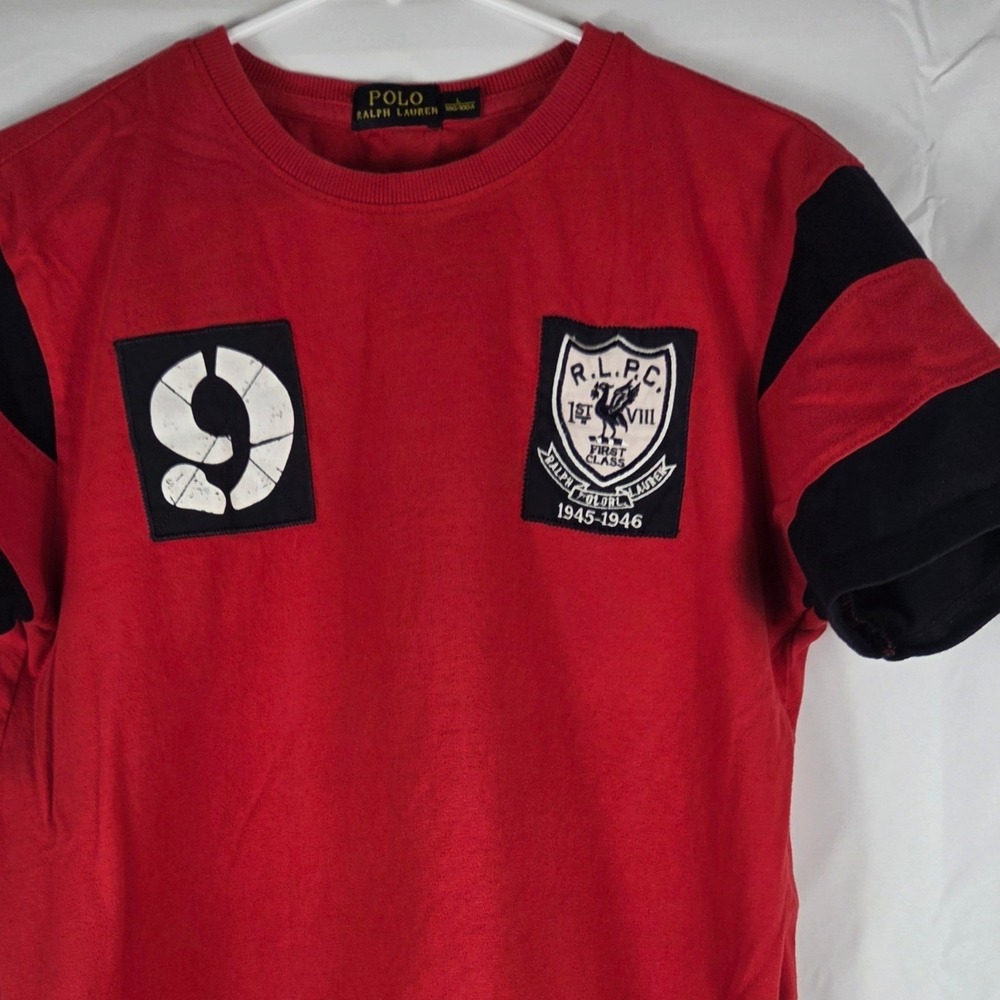 Polo Ralph Lauren Mens Red Black Stripe Sleeve Crest Graphic T-Shirt Large